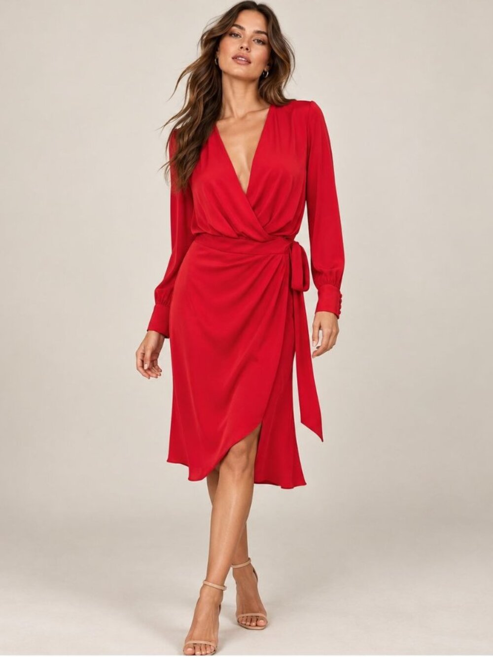 Fame and Partners Red Wrap Dress Size 4 Long Sleeve